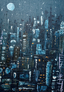 Leopapp tecnica misto acrilico su sacco di juta  titolo The blue of night shines,   misure cm 50x70 anno 2015  IMG_0327
